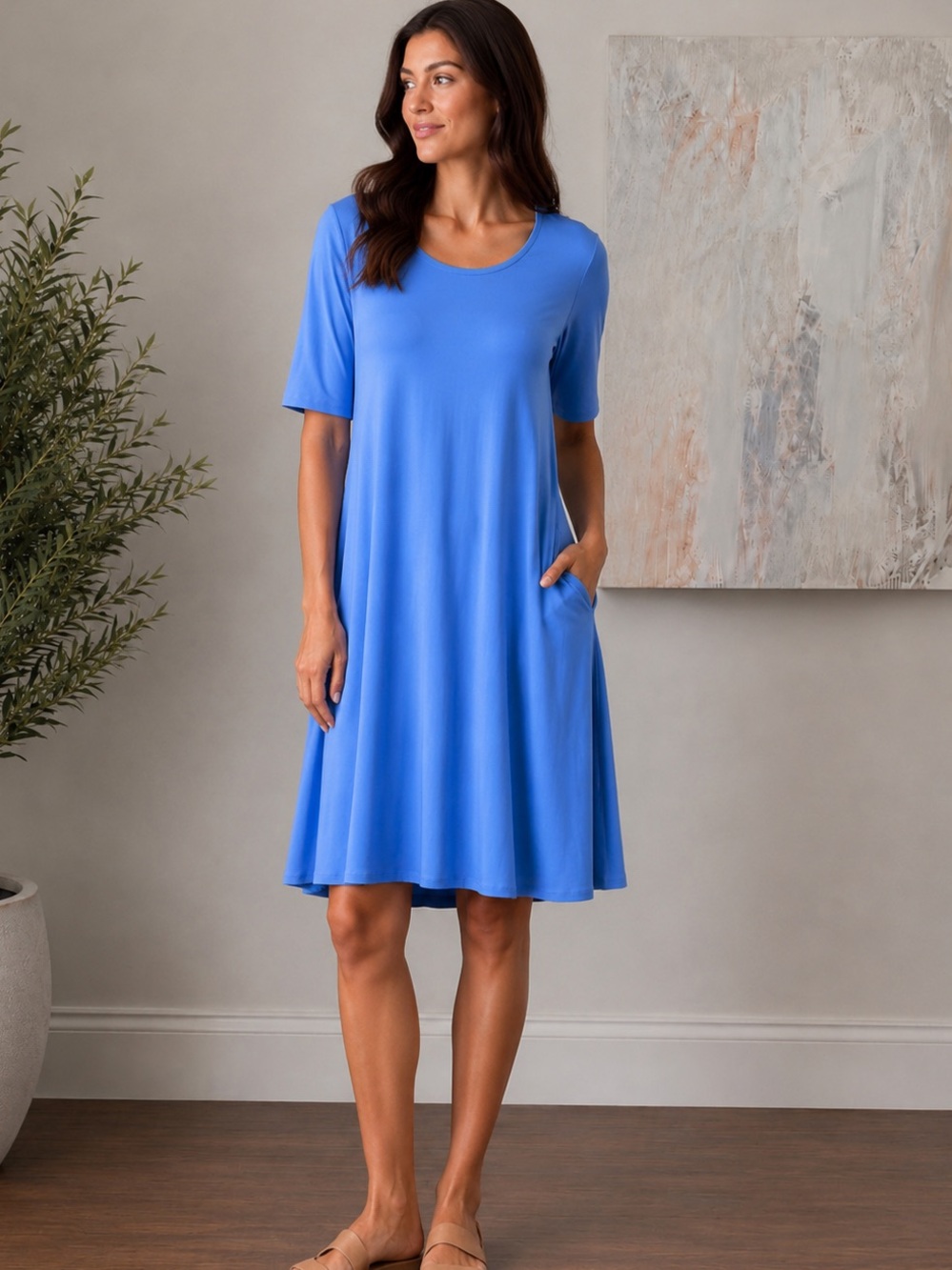 Philosophy Hi Low Elbow Sleeve Stretch Knit Swing Dress Soft Blue M NWT
